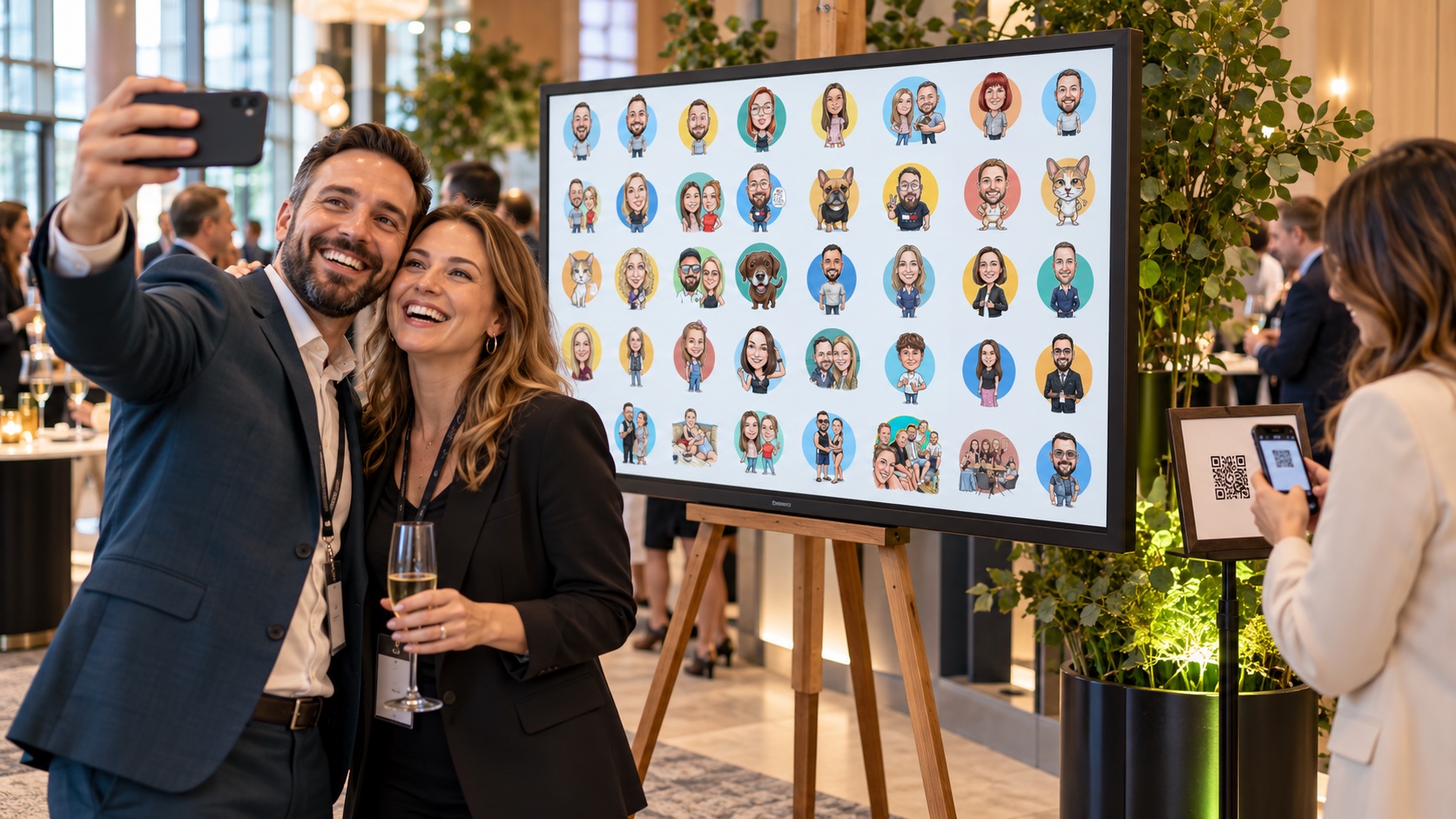 smileonx wall auf einem gerahmten Bildschirm mit Staffelei bei einem Corporate Event, während Gäste ein Selfie machen und den QR-Code scannen
